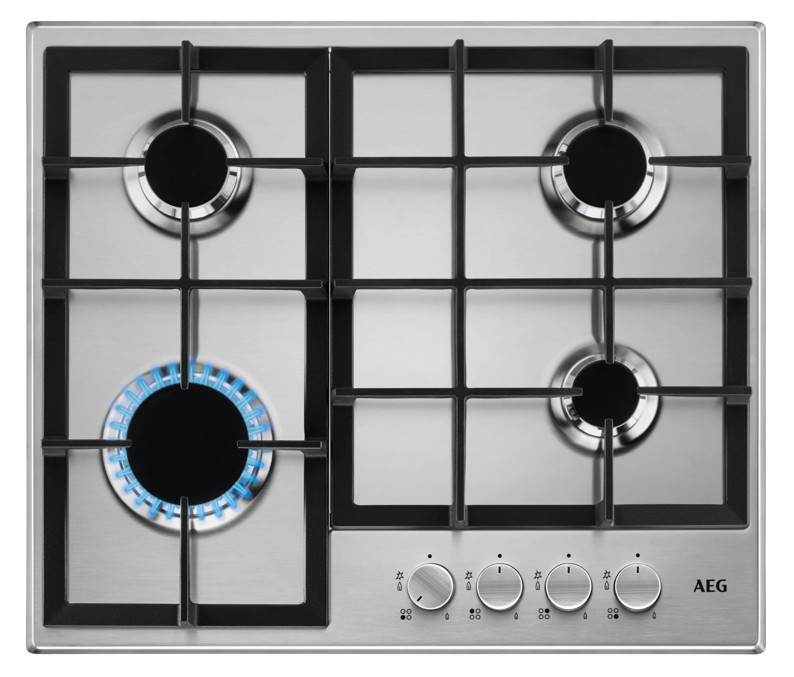 AEG 3000 Slim line Gas Hob 60cm, 4 Cooking Zones HGE64200SM, Cast Iron Pan Supports, Speed Burners, Integrated ignition, Automatic Gas Shut-off, 594x510mm, Stainless Steel