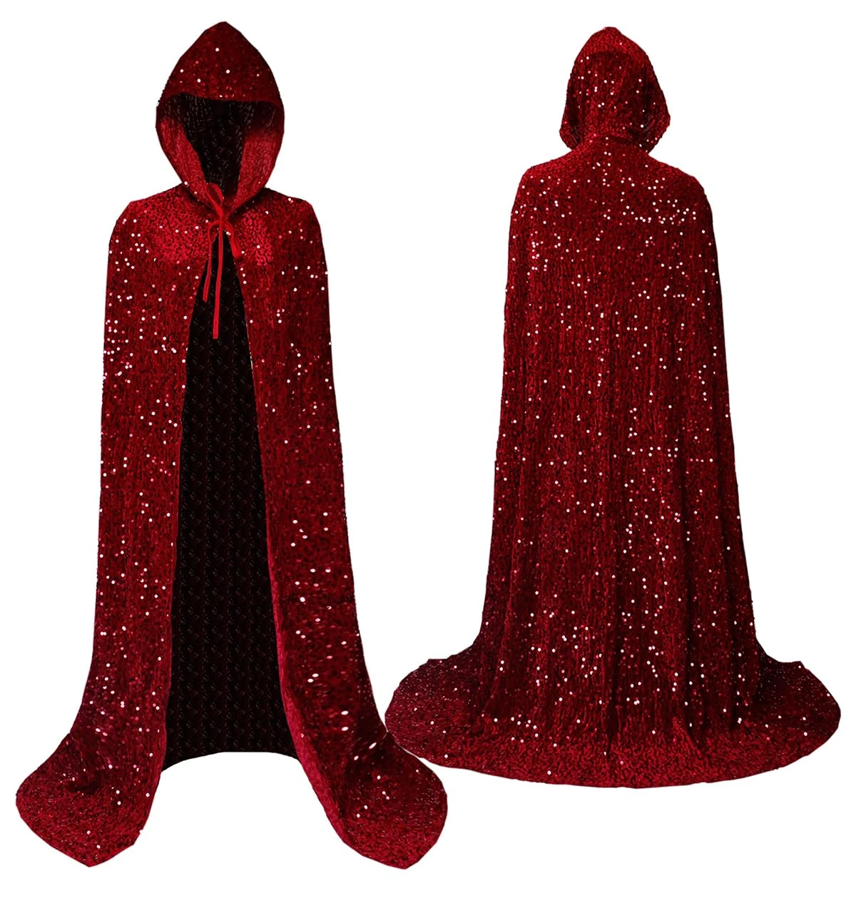Coolwife Velvet Cloak Cape Wizard Hooded Party Halloween Cosplay Costumes for Men Women 53” (X Sequin Wine Red)