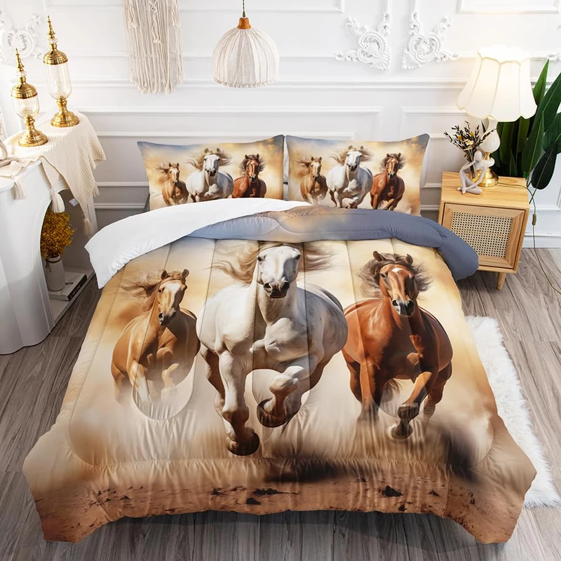 XYNHML Kid Galloping Horse Comforter Set Queen Animal Theme Handsome Horse Bedding Set Wild Animal Grey Sky Sand Decor Quilt Bed Set for Boys Girls Adult, 1 Comforter + 2 Pillowcases