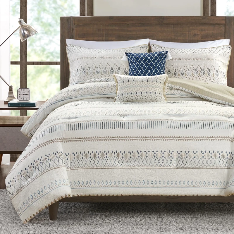 Madison Park Queen Comforter Set, Southwestern Boho Comforters Queen Bedding Reversible Seersucker Design, All Season, Soft Microfiber Queen Size Comforters, Fraser, Full/Queen Taupe/Blue 5 Piece