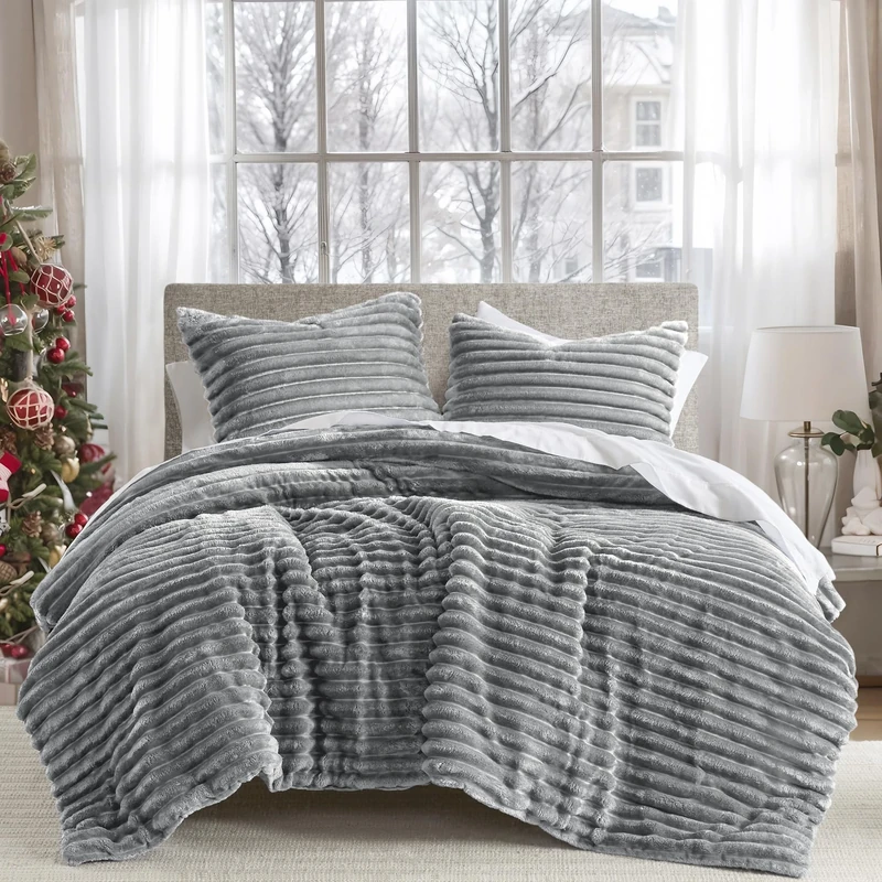 Intelligent Design Queen Comforter Set, Cozy Plush Bedding, Microfiber Reverse, 3 Piece, Lightweight, Super Soft Ribbed Velvet Comforter 2 Shams, All Season Fluffy Bed Set, Avril, Full/Queen Grey