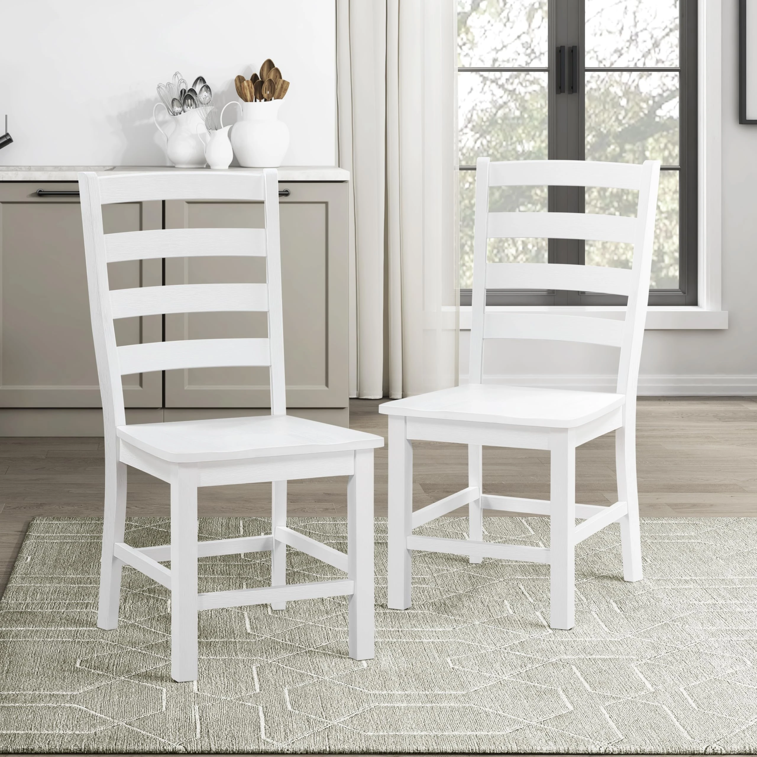 Lexicon Farmhouse Dining Chairs Set of 2, Kitchen Dining Chairs with Sturdy Solid Wood Frame, Legs, Footrest, High Ladder Back, Comfortable Classic Wooden Armless Side Seat, Easy Assembly, White