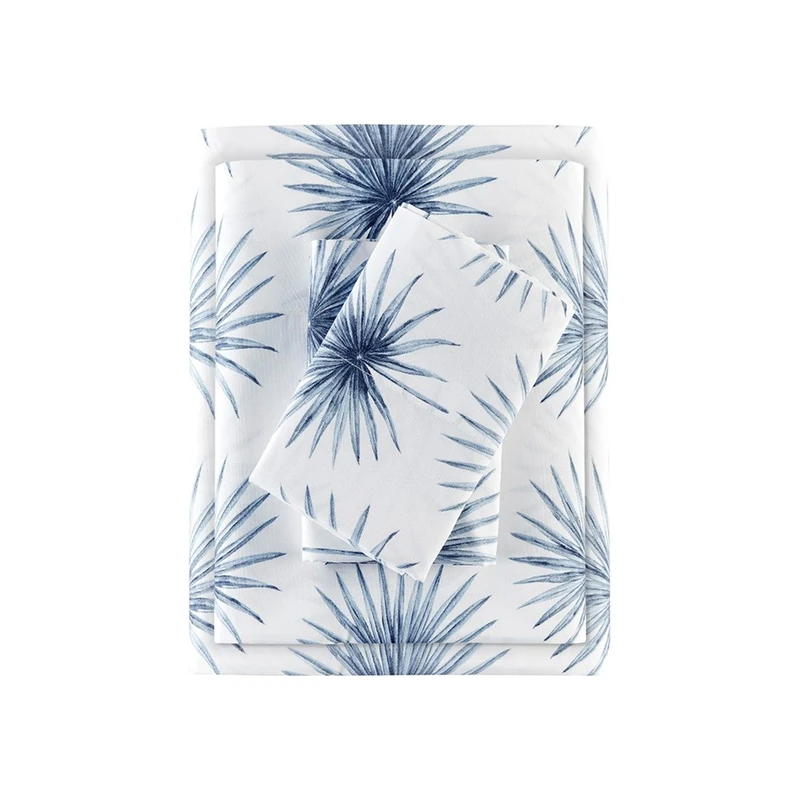 Madison Park Essentials 100% Cotton Sheets, Breathable & Soft Cotton Bed Sheets, Printed Design, Elastic Pocket Cotton Sheet Set Fits Up to 17" Mattress, All Season, Full Blue Palmetto 4 Piece