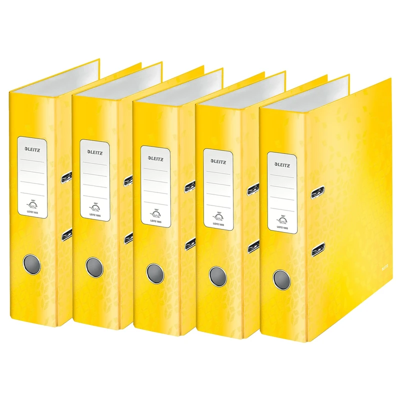 Leitz 10054016 Quality Folder 180° Pack of 5 A4 8 cm Spine Width Laminated Grey Board Yellow Wow Series Design May Vary