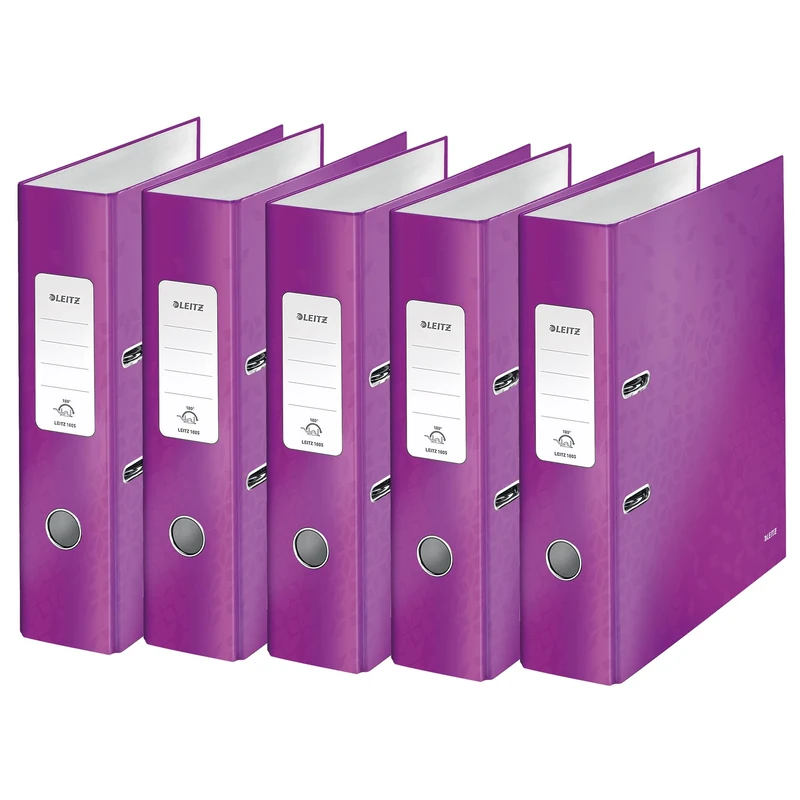 Leitz 10054062 Quality Folder 180° Pack of 5 A4 8 cm Spine Width Laminated Grey Board Violet Wow Series Design May Vary