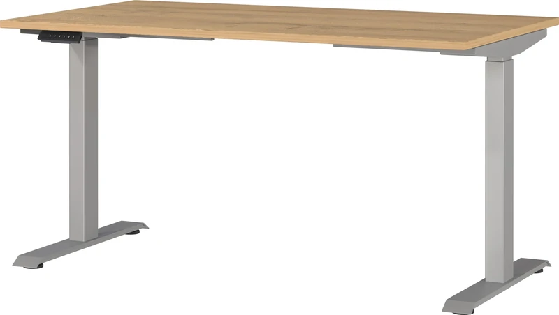 Germania Desk 7905-638, in Grandson oak repro/Silver, el. height-adjustable, 140 x 120 x 80 cm (WxHxD)