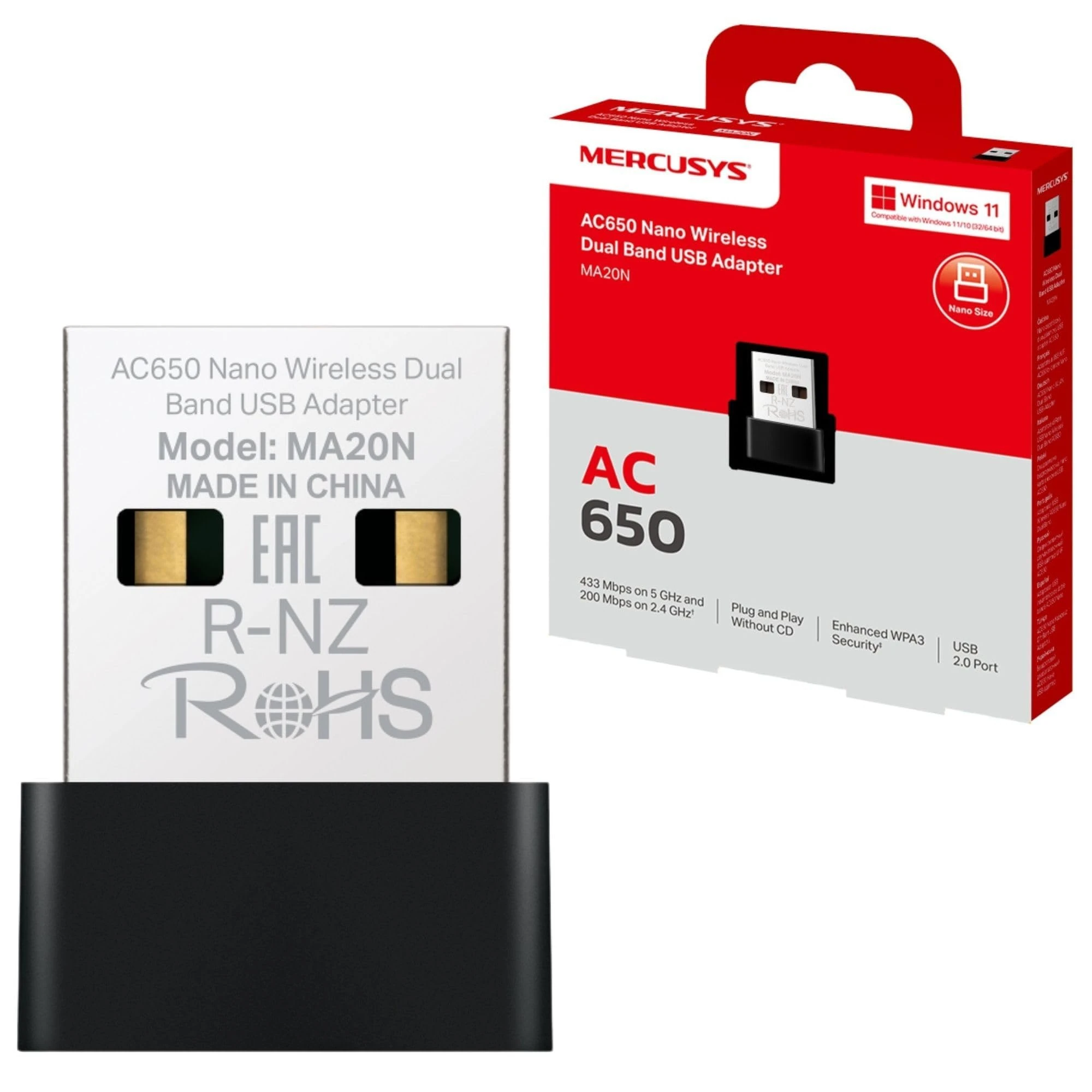 MERCUSYS MA20N AC650 USB WiFi Dongle, Dual Band WiFi Adapter for PC/Desktop/Laptop, Nano Mini Wireless Adapter for PC TP-Link, Supports Windows 10-11, WPA3 Safety Protection