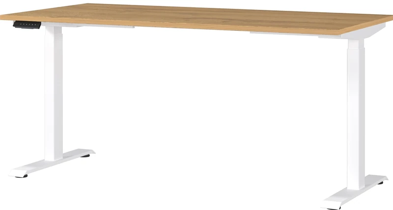 Germania Desk 7908-552, in Grandson oak repro/White, el. height-adjustable, 160 x 120 x 80 cm (WxHxD)