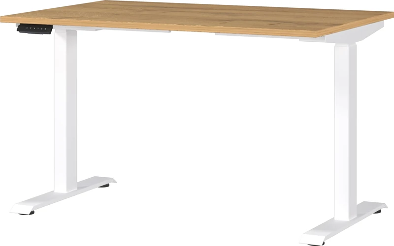 Germania Desk 7907-552, in Grandson oak repro/White, el. height-adjustable, 120 x 120 x 80 cm (WxHxD)