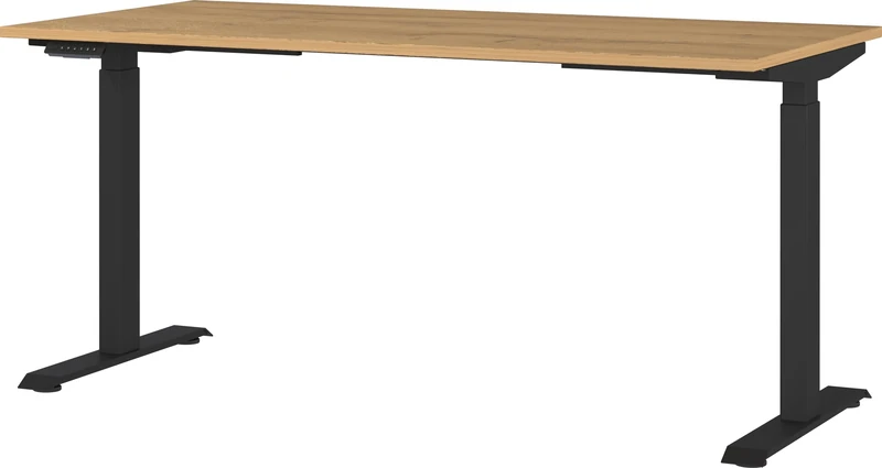 Germania Desk 7908-582, in Grandson oak repro/Black, el. height-adjustable, 160 x 120 x 80 cm (WxHxD)