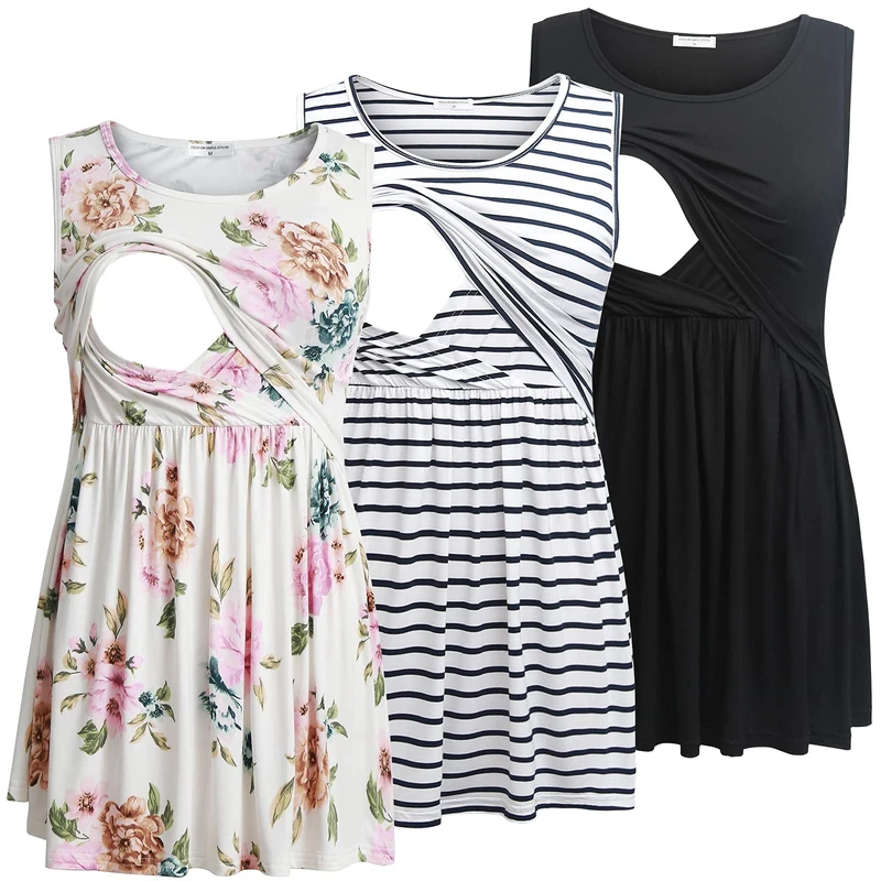 Bearsland Women's Maternity Nursing Tank Tops Sleeveless Scoop Neck Soft Breastfeeding Shirt,Black&White Striped&Roses White,L