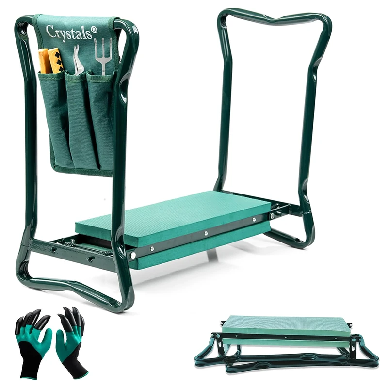 Crystals Garden Kneeler Seat with Handles and Tool Bag - Multi-Use 2 in 1 Foldable EVA Foam Padded Portable Lightweight Gardening Kneeler Stool for Garden