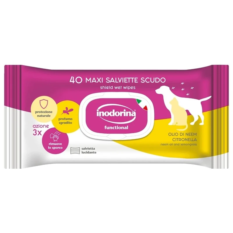 Inodorina Shield Wipes for Dogs (12 packs of 40, Neem Oil and Lemongrass) - Sanitizing pet wipes in smooth fabric - Natural protection against unwanted guests
