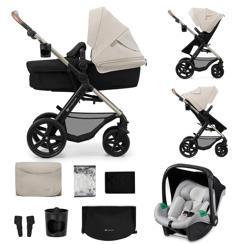 Kinderkraft MOOV 2 3 in 1, Stroller Set up to 22 kg with Child seat I-Size 40-75 cm, Buggy Function, Adjustable Reclining Position, Large extendable Canopy, EVA Foam Wheels, Gray