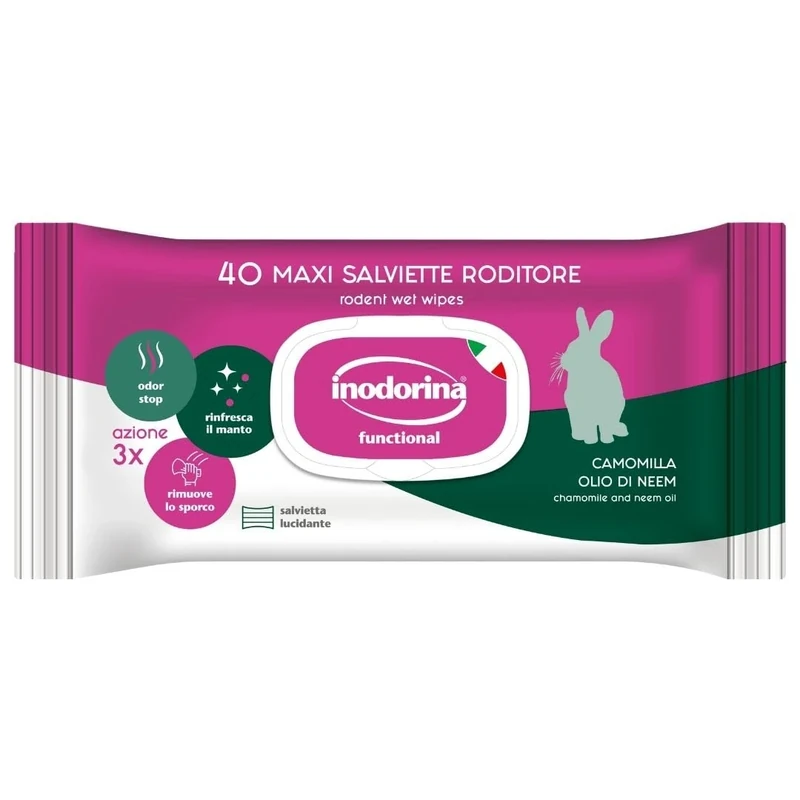 Inodorina Functional Wipes for Rodents (12 packs of 40, Chamomile and neem oil) - Heavy-duty, triple-action fabric pet wipes, cleansing and deodorizing