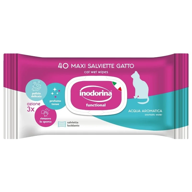Inodorina Functional Wipes for Cats (12 packs of 40, Aromatic Water) - Durable triple-action fabric pet wipes, cleansers and deodorizers