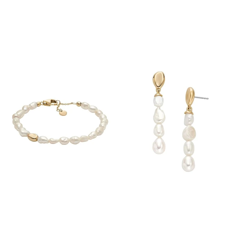 Skagen Women's Agnethe Pearl Bracelet and Earring, Gold-Tone Stainless Steel Set