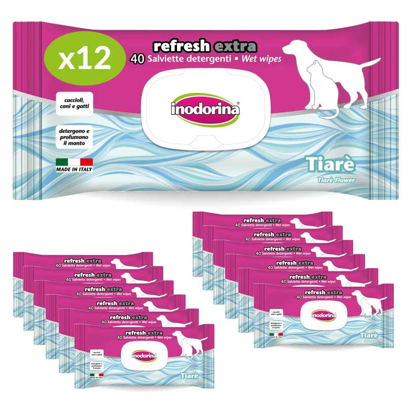 Inodorina Functional Wipes for Clear Coat (12 packs of 40, Tiare) - Tough, triple-action fabric pet wipes with bearberry extract and Argan oil