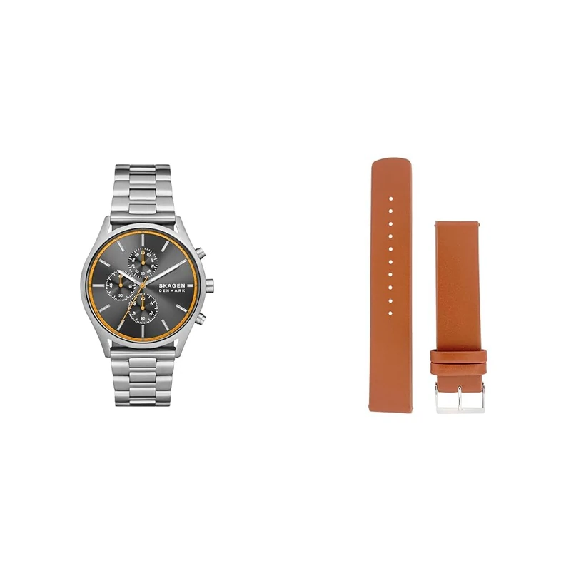 Skagen Men's Holst Chrono Silver-Tone Stainless Steel Watch and Replaceable Brown Leather Strap, Set