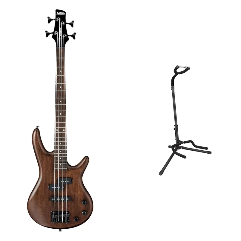 Ibanez GSRM20 GIO Series MiKro Short Scale Electric Bass Guitar - Walnut Flat Finish, 3/4 + Amazon Basics Guitar Stand