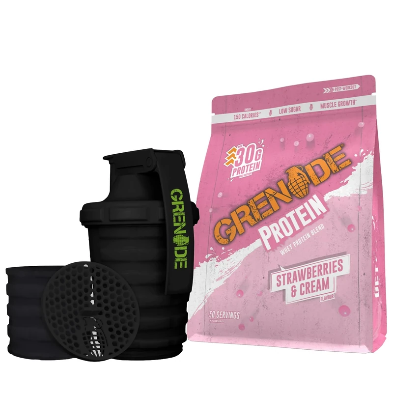 Grenade Strawberries & Cream Protein Powder & Shaker Bundle - Whey Protein Powder, 2 kg & Grenade Shaker with Capsule Storage Facility, Black