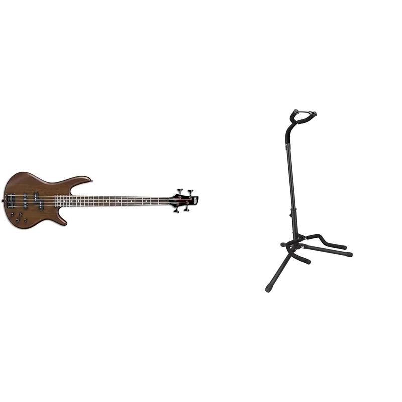 Ibanez GIO Series GSR200B-WNF - Electric Bass Guitar with Bass Boost - Black Hardware - Walnut Flat + Amazon Basics Guitar Stand