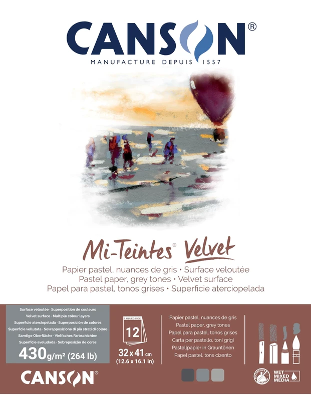 CANSON Mi-Teintes Velvet Pastel 430gsm 32 x 41cm Paper, 12 Sheets, Assorted Grey Tones, Drawing & Sketching, for Professional Artists & Illustrators