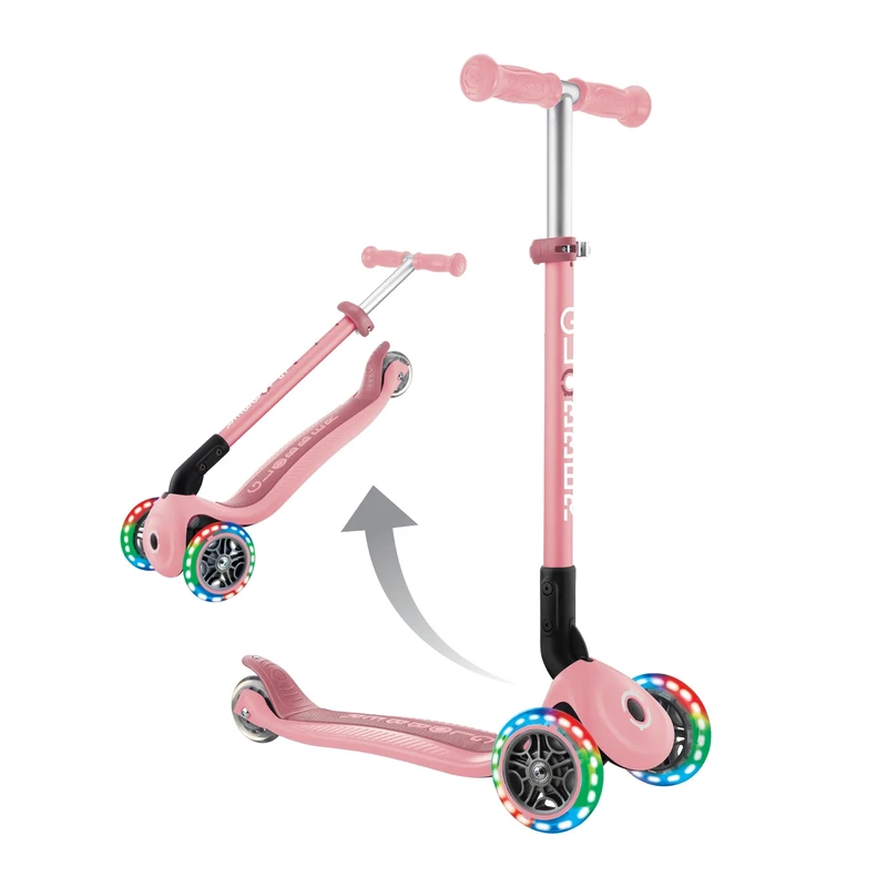 Globber Primo Foldable Scooter with Light Up Wheels, Rear Brake System, Reinforced Colour Matching Deck, Grows with your Child, 3-7 Years, 2 Year Warranty & No Batteries Required (Pastel Pink)