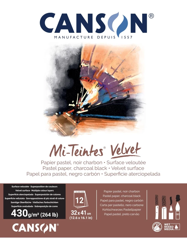 CANSON Mi-Teintes Velvet Pastel 430gsm 32 x 41cm Paper, 12 Sheets, Charcoal Black, Drawing & Sketching, for Professional Artists & Illustrators