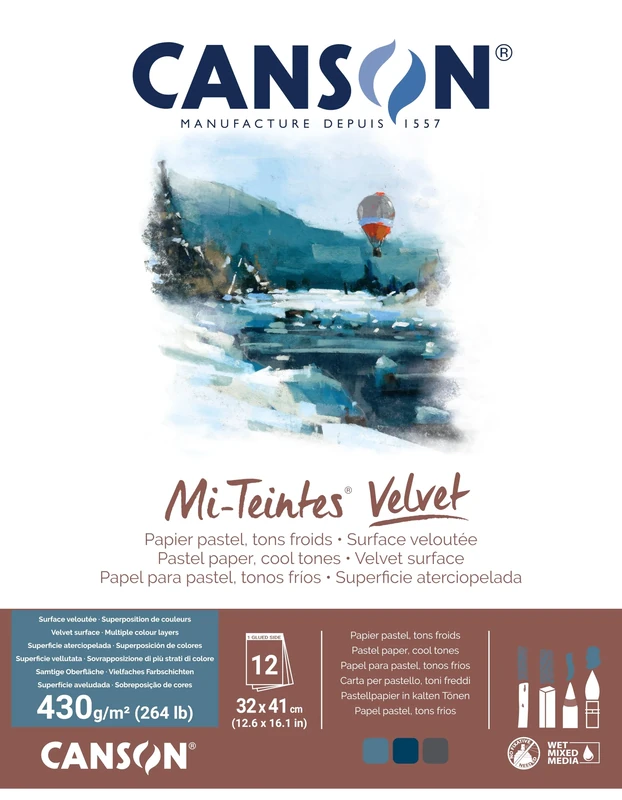 CANSON Mi-Teintes Velvet Pastel 430gsm 32 x 41cm Paper, 12 Sheets, Assorted Cool Tones, Drawing & Sketching, for Professional Artists & Illustrators