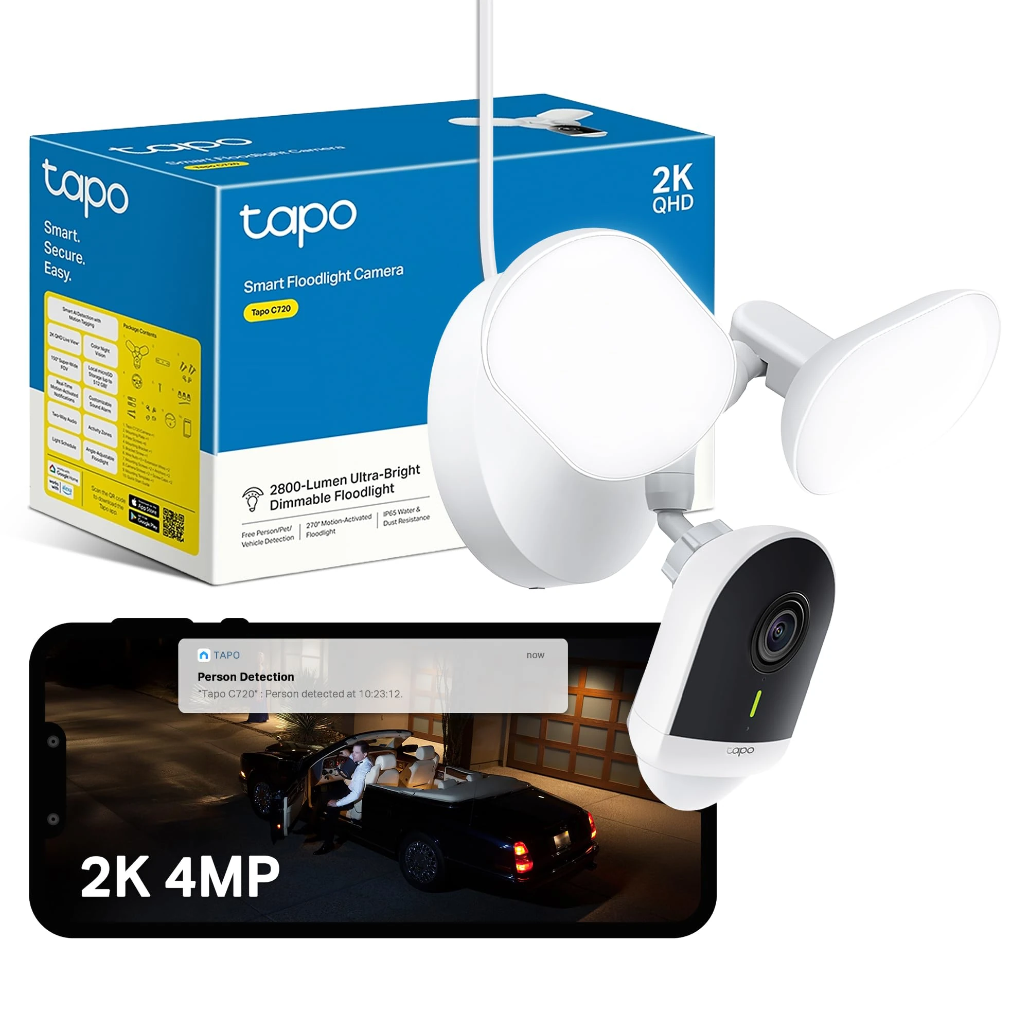 Tapo C720 Floodlight Outdoor Security Camera, 2800-Lumen Ultra-Bright, 2K QHD 4MP, 270° Detection Zone, Wi Fi Camera No Monthly Fee, Smart AI, Customizable Alarm, IP65, Work with Google & Alexa