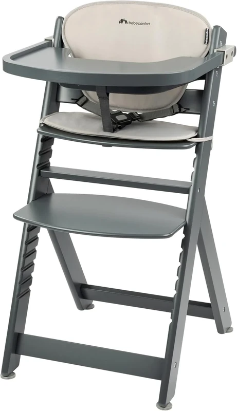 Bebeconfort Timba + Cushion, Evolutive Wooden High Chair, 6 Months-99 Years, max. 110 kg, Baby Highchair, Removable Tray, Adjustable Seat/Footrest, Fits Timba Baby, Grey Mist + Light Grey