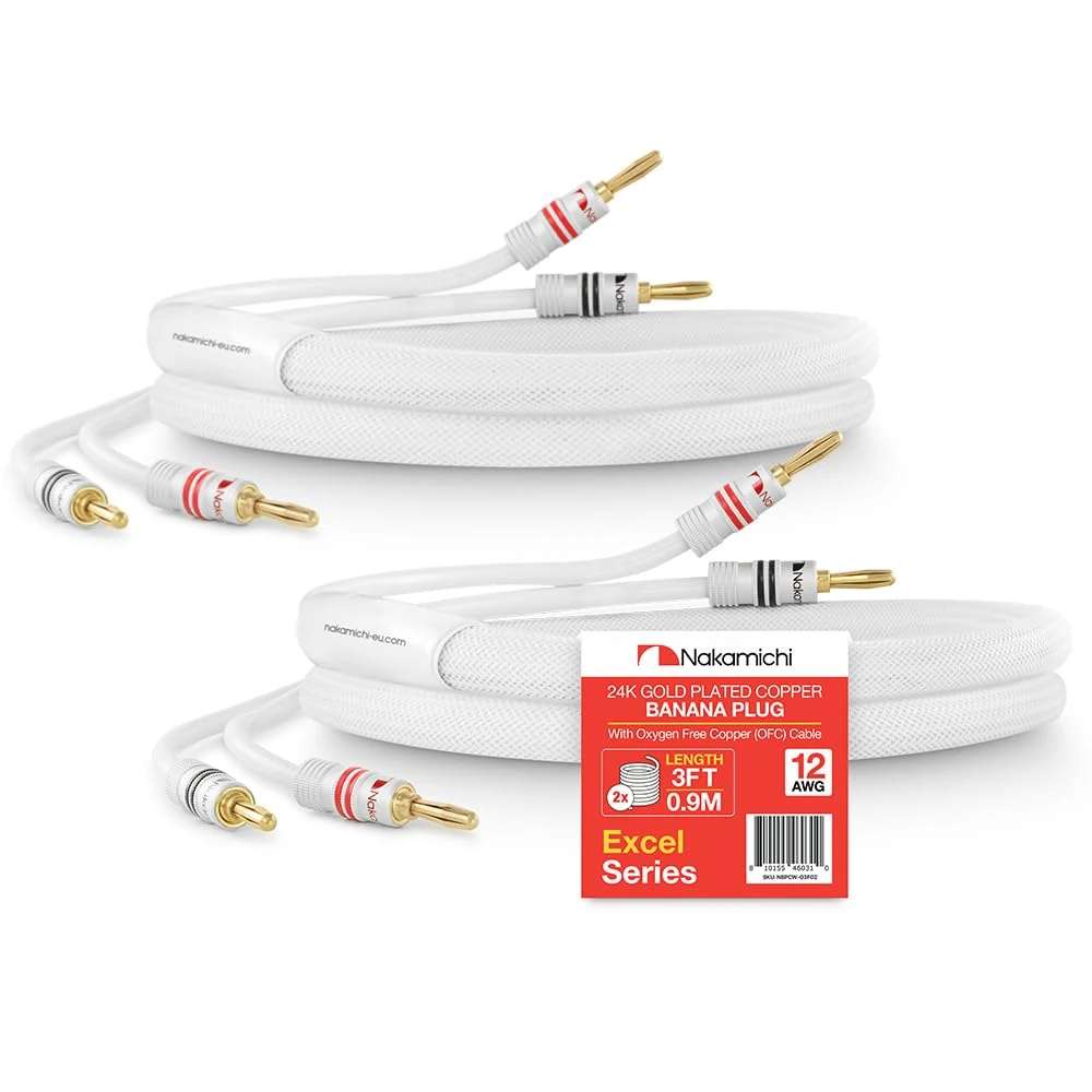 Nakamichi Excel Series 24k Gold Plated Banana Plug with (3 Feet) Speaker Cable Wire 99.9% Oxygen-Free Copper (OFC) Heavy Duty Braided In-Wall CL2 Rated - White (12AWG / 3ft / 0.9m) 2-Pack