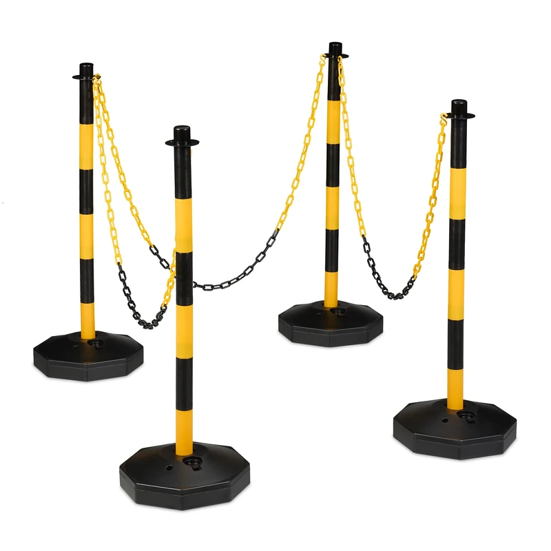 Relaxdays Barrier Post Set of 4, Mobile Chain Pole, H x D: 85 x 29 cm, Parking Blocking Rack, Yellow/Black, 85 x 29 x 29 cm