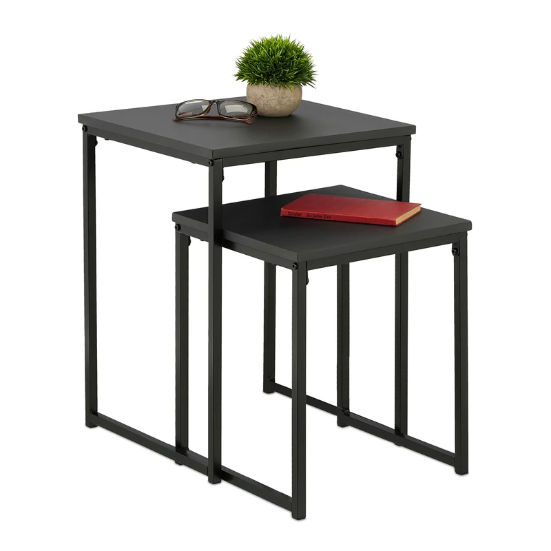 Relaxdays Side Table Set of 2, Stackable, 2 Sizes, Coffee Counter, Square, Metal, Living Room Decor, Black, Iron, 54 x 40 x 40 cm