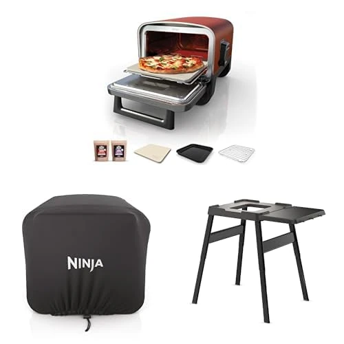 Bundle of Ninja Woodfire Electric Outdoor Oven, 8-in-1 Pizza Oven, High-Heat Roaster & BBQ Smoker with Rack, Pizza Stone, Wood Pellets & Scoop, 6 Pizza Settings, OO101UK + Cover + Stand