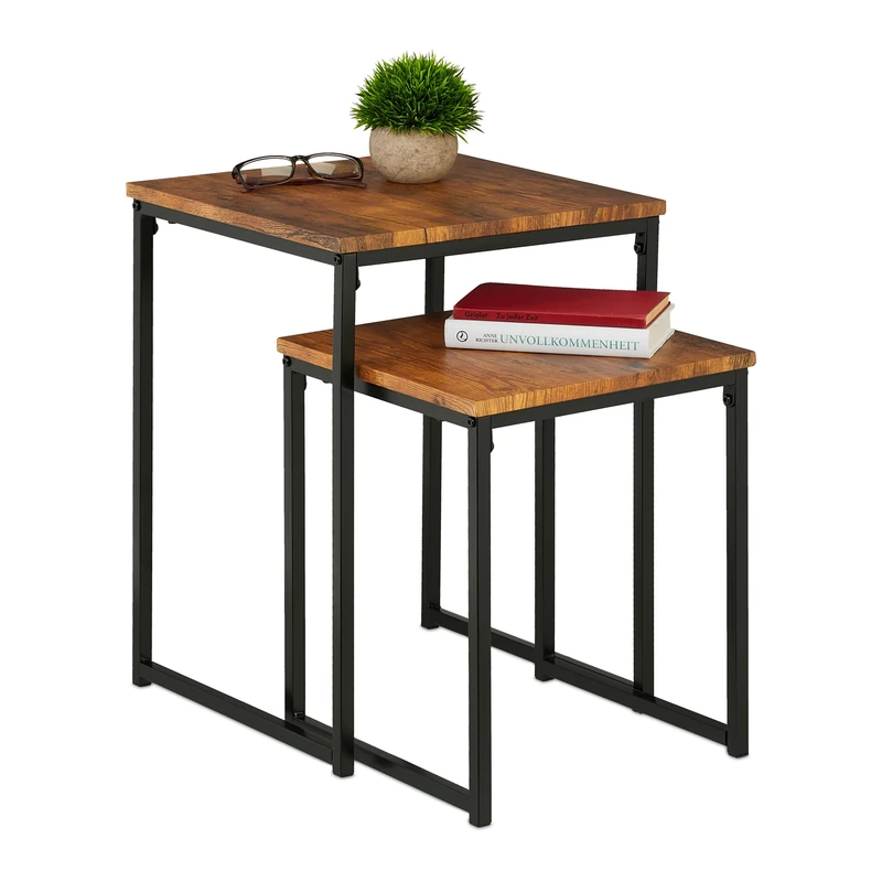 Relaxdays Side Table Set of 3, Stackable, 3 Sizes, Coffee Counter, Square, Metal, Living Room Decor, Brown/Black, Iron, 54 x 40 x 40 cm