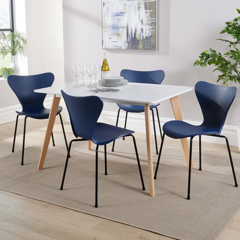 Home Source Kitchen Dining Table Set, 4 Blue Moulded Chairs, 120cm White Top Table - Image 1