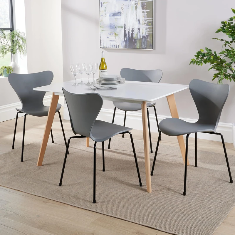 Home Source Kitchen Dining Table Set, 4 Grey Moulded Chairs, 120cm White Top Table