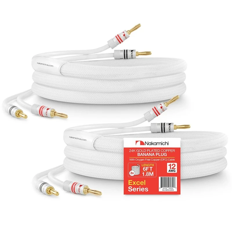Nakamichi Excel Series 24k Gold Plated Banana Plug with (6 Feet) Speaker Cable Wire 99.9% Oxygen-Free Copper (OFC) Heavy Duty Braided in-Wall CL2 Rated - White (12AWG / 6ft / 1.8m) 2-Pack