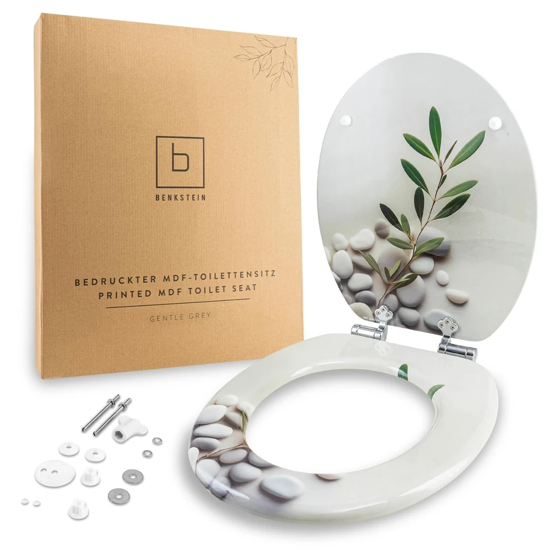 Benkstein Soft Grey Toilet Seat with Soft-Close Mechanism, Antibacterial Toilet Seat, Quick Release for Easy Cleaning, Easy Assembly, Duroplast, Removable, Maximum Load 150 kg