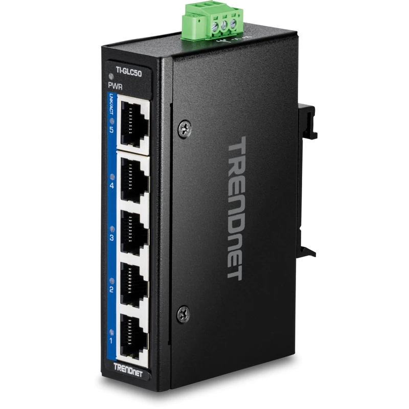 TRENDnet 5-Port Industrial Gigabit DIN-Rail Mini Switch, TI-GLC50, 5 x Gigabit Ports, Extreme Temperature IP30 Rated, 10Gbps Switch Capacity, Black
