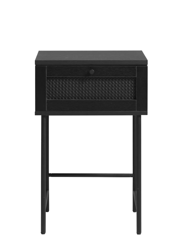 FJORDFORM Bedside Table Black Metal Legs Melamine Oak MDF Poly Rattan - Image 1