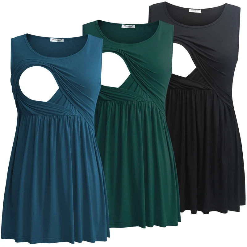 Bearsland Women's Maternity Nursing Tank Tops Sleeveless Scoop Neck Soft Breastfeeding Shirt,Black&Bright Blue&Deep Green,L