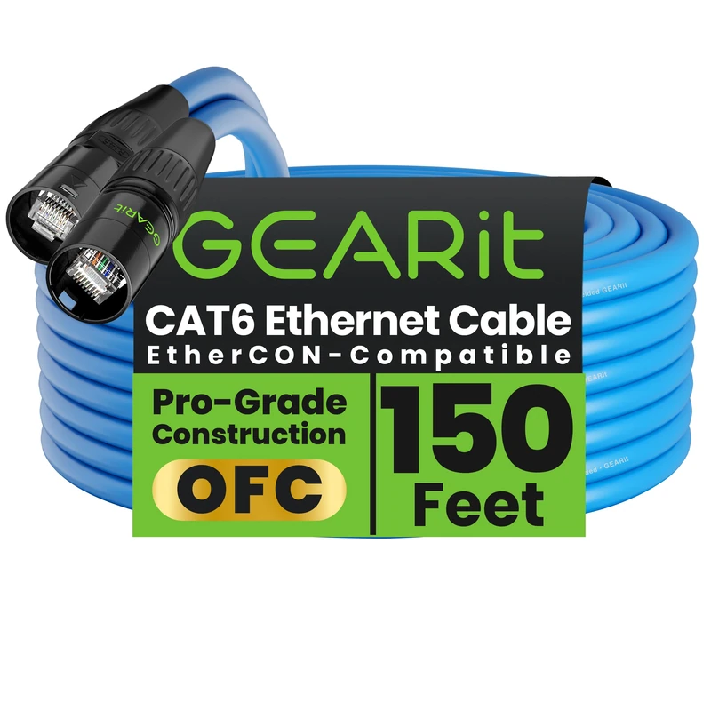 GEARit Shielded CAT6 Ethercon Cable (150 Feet) Professional Audio & Lighting RJ45 EtherCON-Compatible Cable for Studio, Stage, Concerts - 150ft Blue