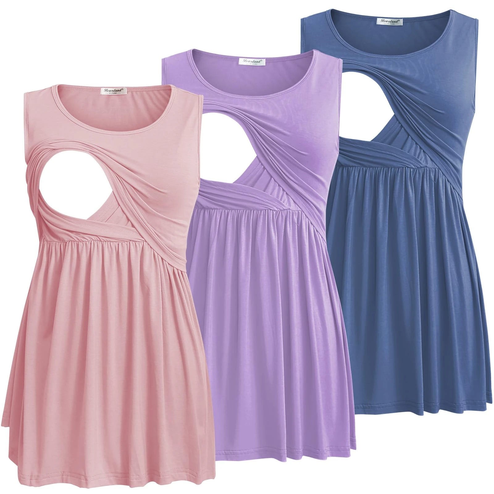 Bearsland Women's Maternity Nursing Tank Tops Sleeveless Scoop Neck Soft Breastfeeding Shirt,Haze Blue&Light Purple&Pink,S