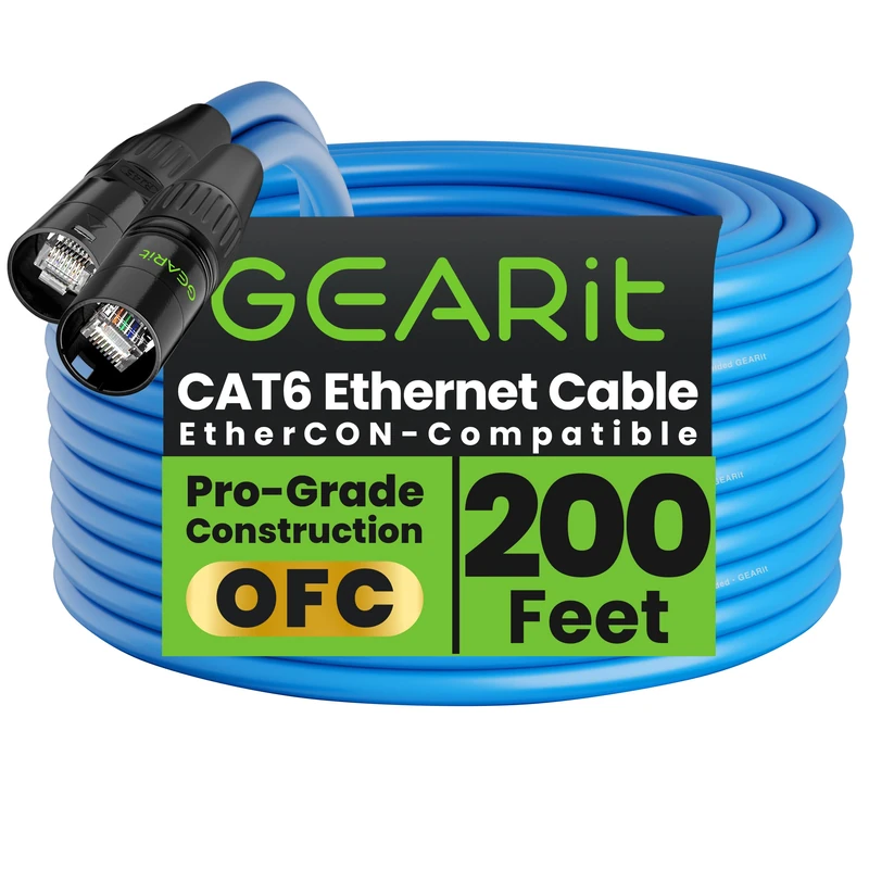 GEARit Shielded CAT6 Ethercon Cable (200 Feet) Professional Audio & Lighting RJ45 EtherCON-Compatible Cable for Studio, Stage, Concerts - 200ft Blue