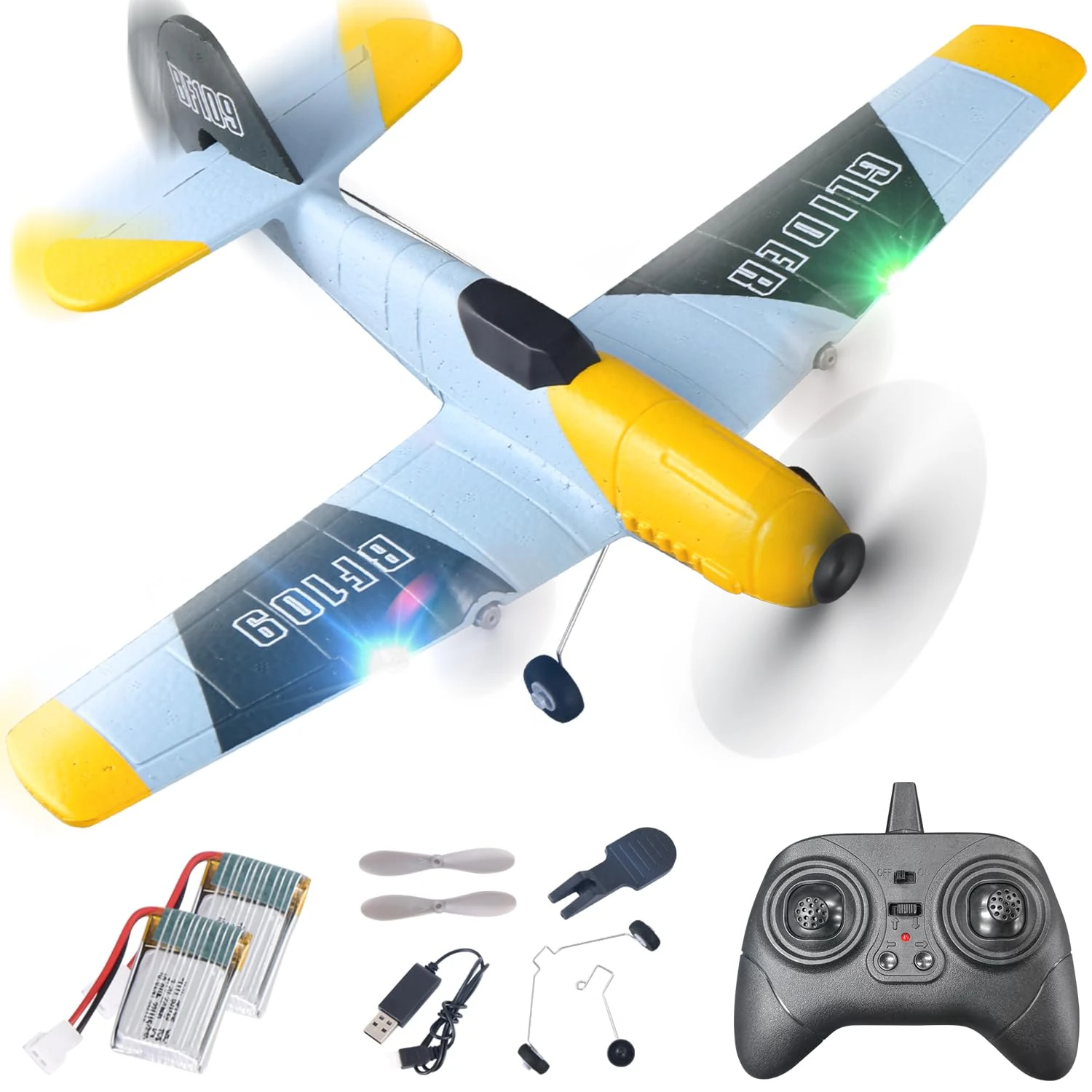 BEZGAR 3 Channel RC Plane, 6-axis Gyro Remote Control Airplane Fighter Toys with Colorful LED Navigation Lights & 2 Batteries, Easy Control for Adults Kids Beginners