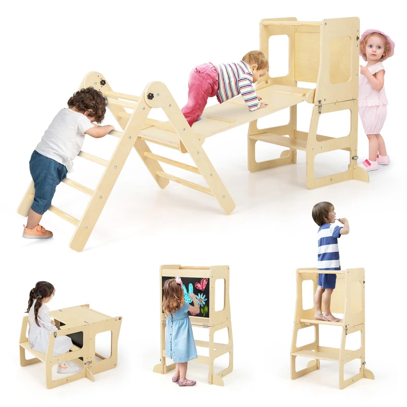 GYMAX 7 in 1 Kids Climbing Set, Indoor Toddler Climbing Frame with Reversible Ramp, Convertible Step Stool & Chalkboard, Wooden Foldable Children Climber for 3-14 Years Old Boys Girls (Natural) - Image 1