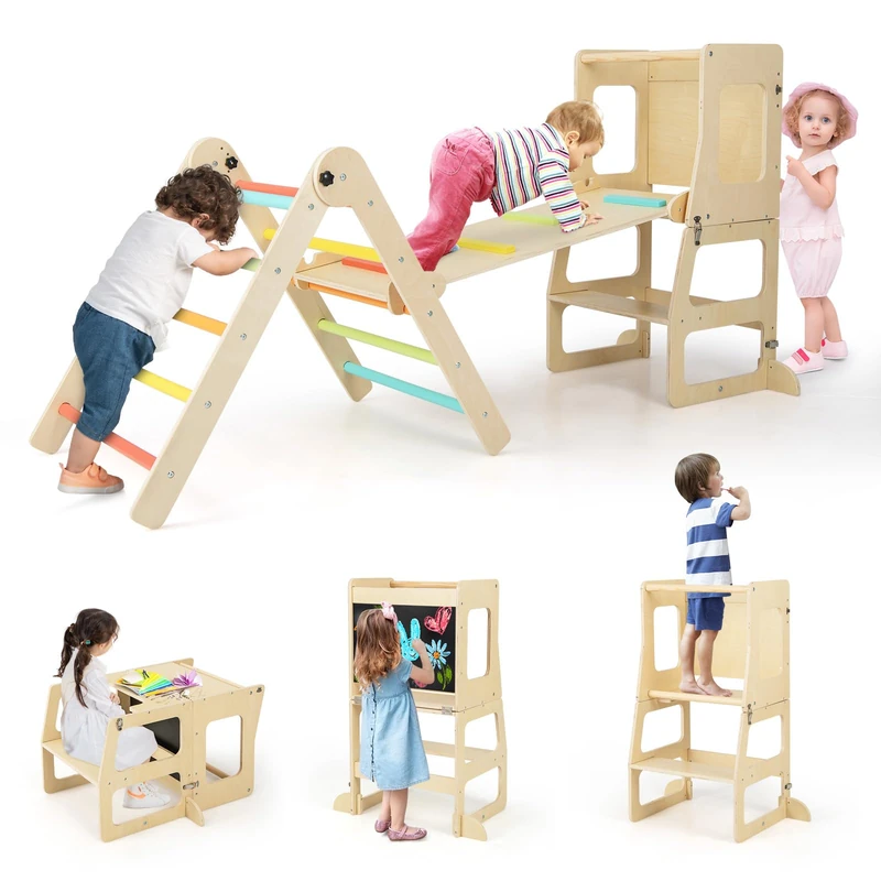 GYMAX 7 in 1 Kids Climbing Set, Indoor Toddler Climbing Frame with Reversible Ramp, Convertible Step Stool & Chalkboard, Wooden Foldable Children Climber for 3-14 Years Old Boys Girls (Colorful)